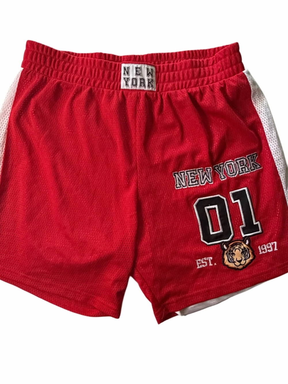 Cult Favorite Shorts Womens L Red Mesh Athletic New York 01 Tiger Lined Sport